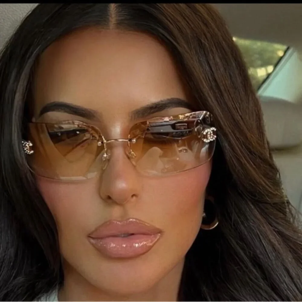 Chanel Vintage Sunglasses Rhinestone CC Logo Rimless Gradient Gold Tint - Picture 4 of 10